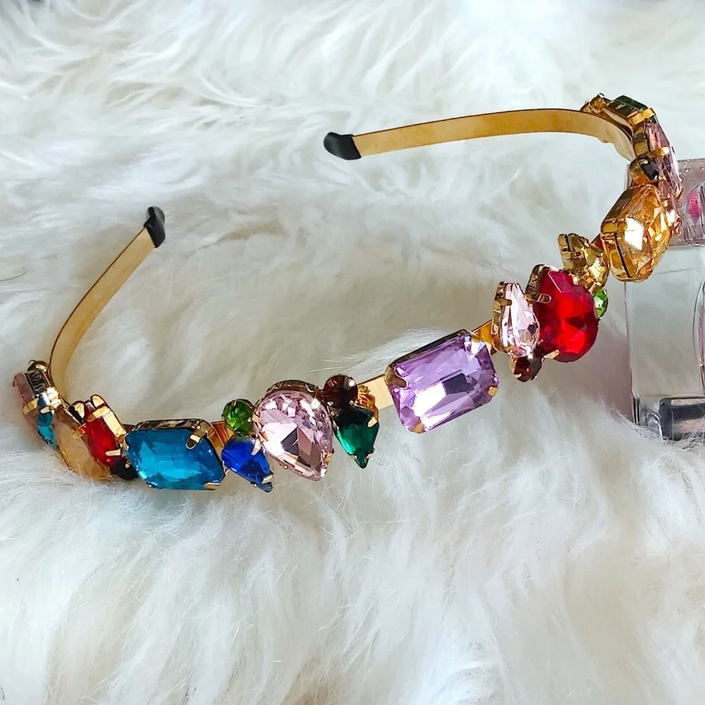 Chunky Multicolor Crystal Statement Headband Gold Jewel Tone Hairband OS